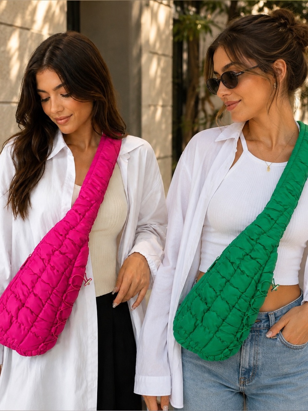 Zenana Quilted Puffy Crossbody Sling Bag Hot Pink/Emerald Green Lightweight Tren